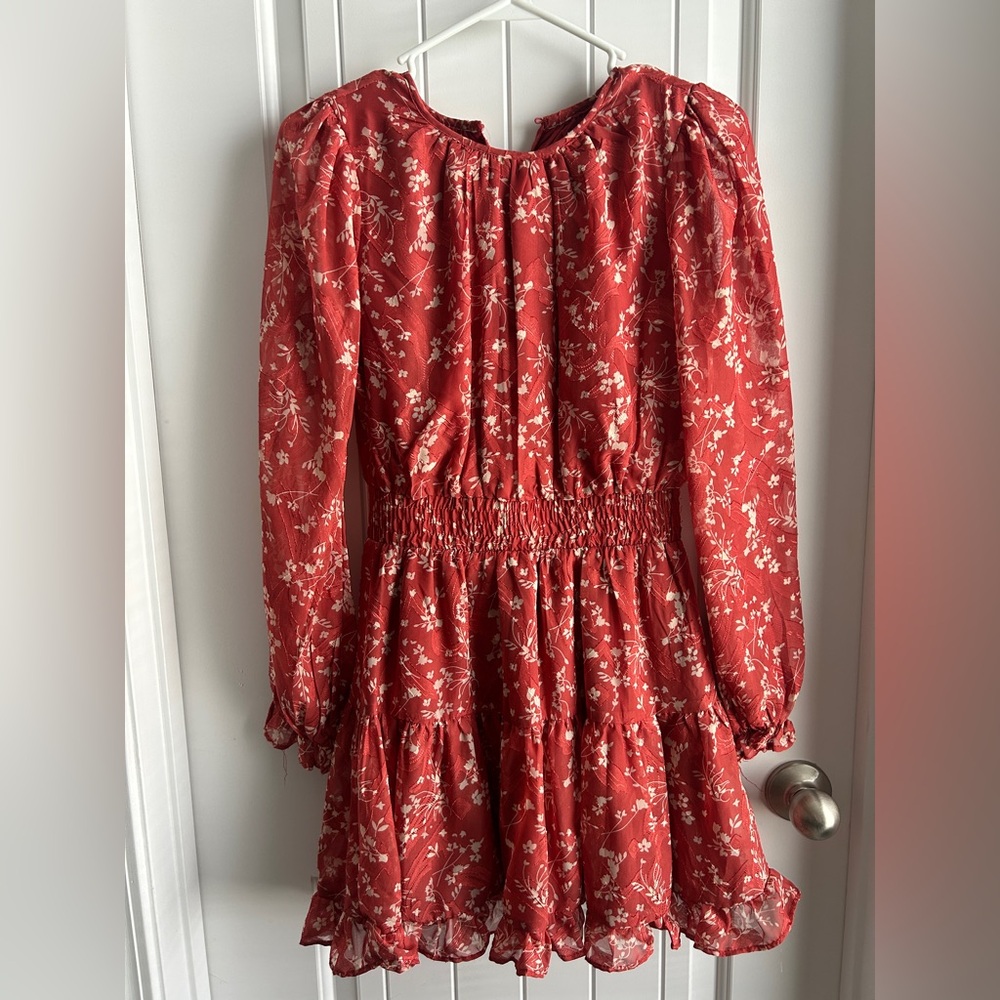Lulus Orange Red Floral Long Sleeve Dress